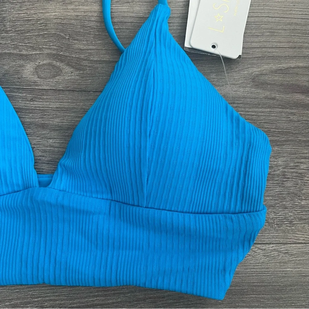 L*SPACE Winnie Bikini Top Medium Electric Blue Ribbed Tropical Swimwear Beachy